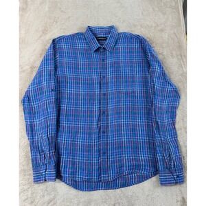 Bullock & Jones Linen Shirt Men's Size XL Blue Plaid Button Up Long Sleeve EUC